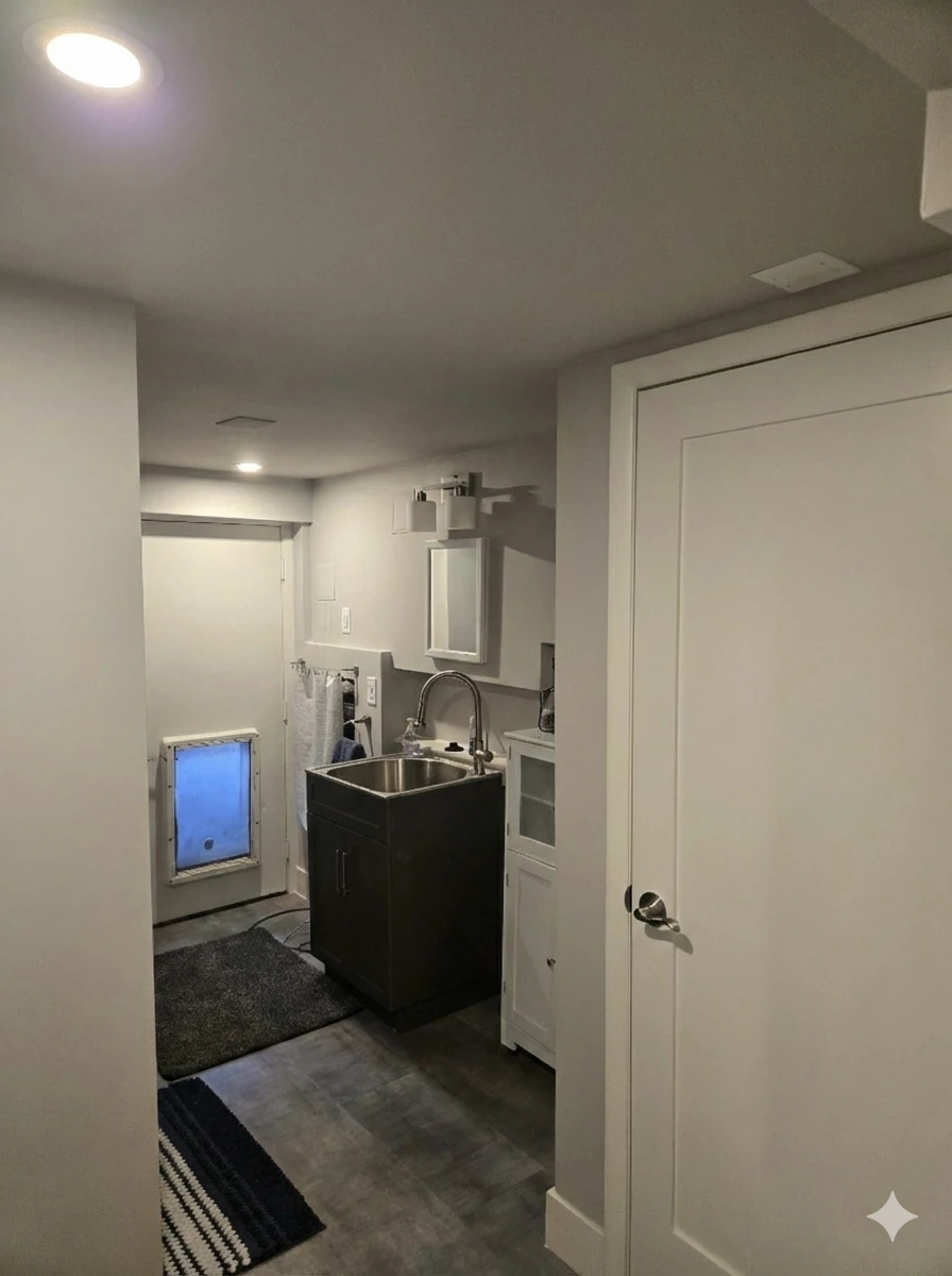 Finished bathroom with dog door